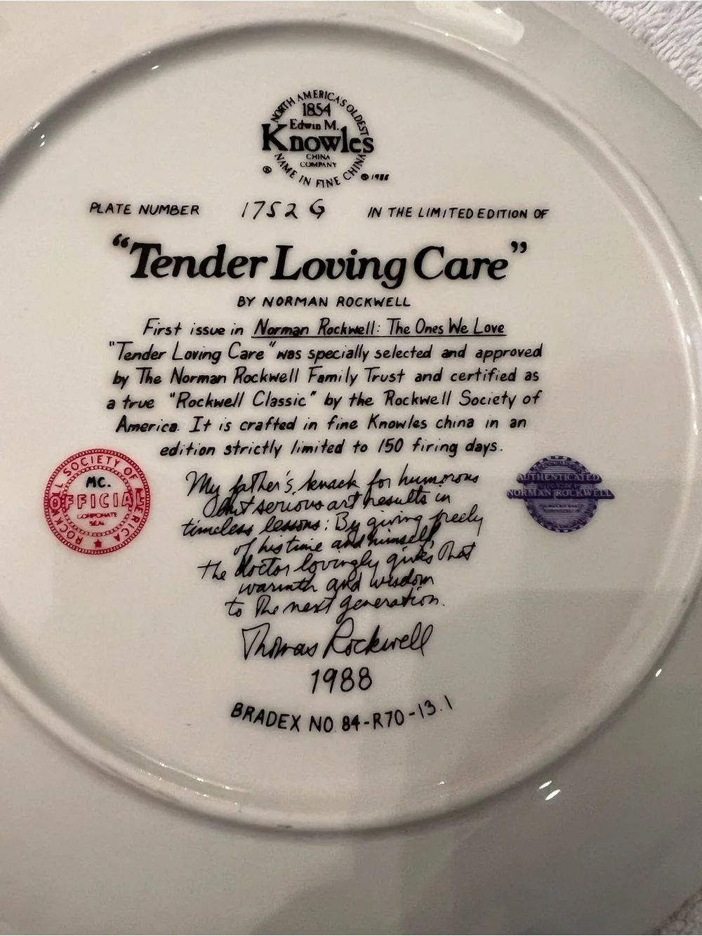 Edwin Knowles Rockwell Decorative Plate  -Tender Loving Care 1988